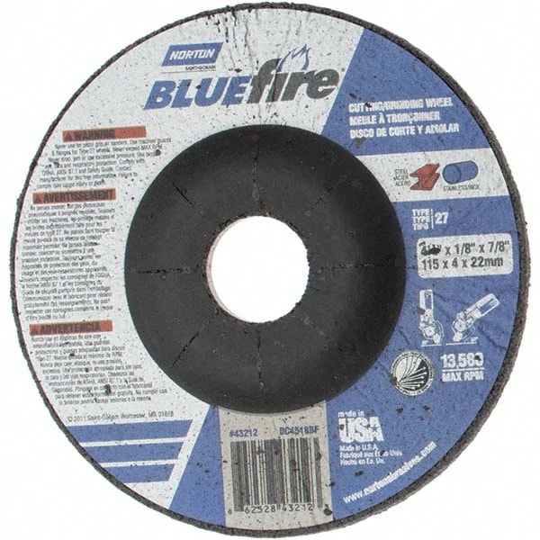 Depressed Grinding Wheel:  Type 27,  4-1/2" Dia,  1/8" Thick,  7/8" Hole,  Zirconia Alumina