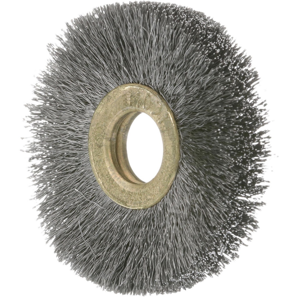 Osborn Wheel Brush: 1" Wheel Dia, 3/16" Face Width, 0.0030" Wire Dia, Crimped - 1/4" Hole, Stainless Steel | Part #0001107000