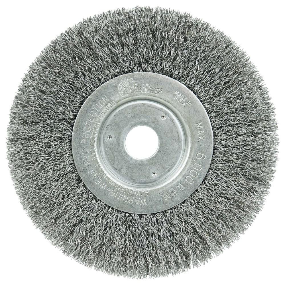 Wheel Brush: 6" Wheel Dia, 1/2" Face Width, 0.0118" Wire Dia, Crimped - 3/4" Hole, Carbon Steel, 6000 RPM
