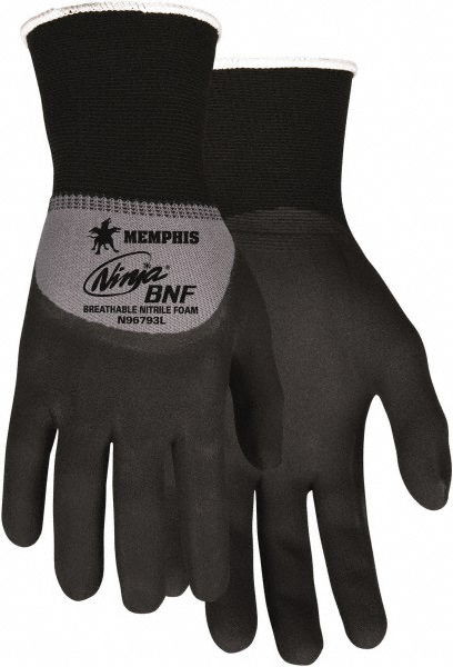 Work Gloves: Ninja® Ninja, Nitrile-Coated Nylon & Spandex, General Purpose - Black & Gray, 10" OAL, Not Lined, Smooth Grip, Pair,   FDA Approved