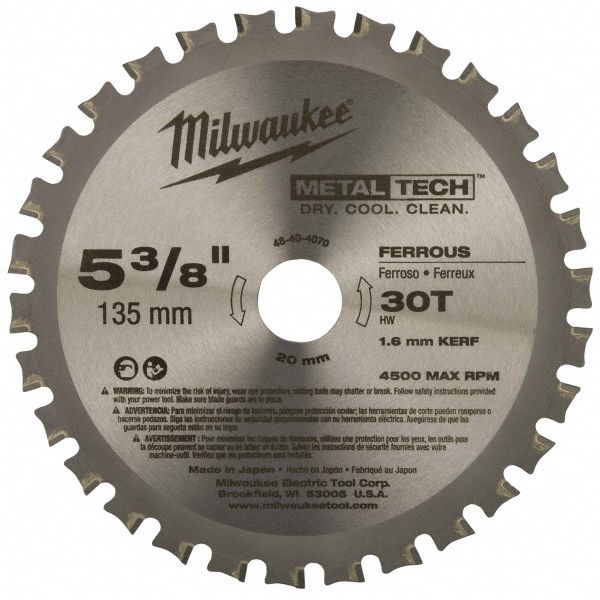 Wet & Dry Cut Saw Blade: 5-3/8" Dia, 0.7874" Arbor Hole, 0.062" Kerf Width, 30 Teeth - Use on Ferrous Metal, Round Arbor