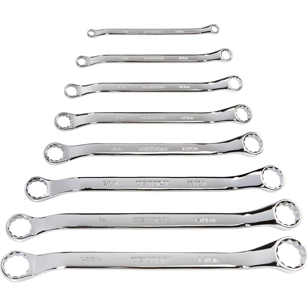 Tekton Offset Box End Wrench Set: 8 Pc, 1/4 in - 1-1/4 in Wrench, Inch - 15 deg Head Offset Angle, Polished Chrome Finish | Part #WBE23008