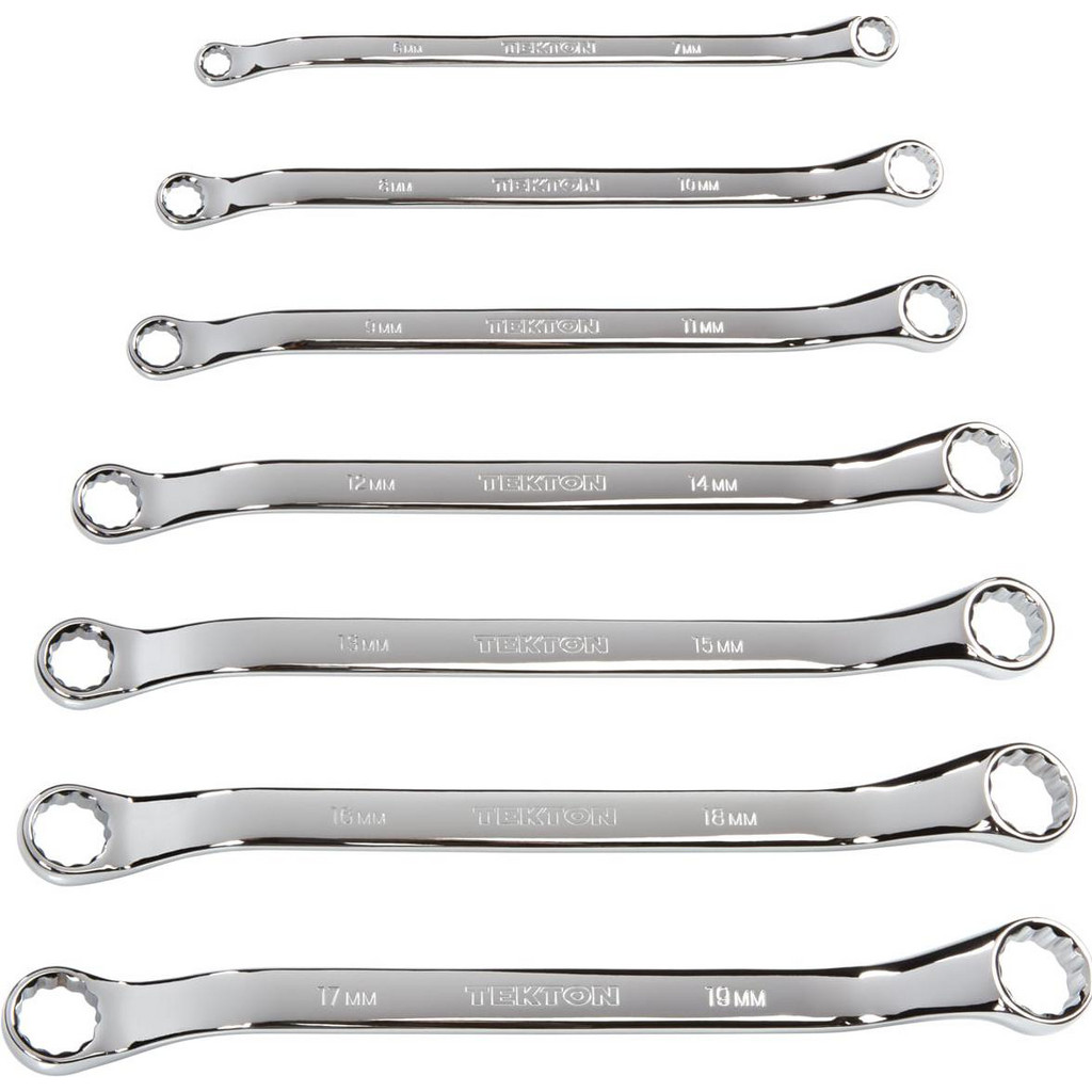 Tekton Offset Box End Wrench Set: 7 Pc, 6 mm - 19 mm Wrench, Metric - 15 deg Head Offset Angle, Polished Chrome Finish | Part #WBE24007