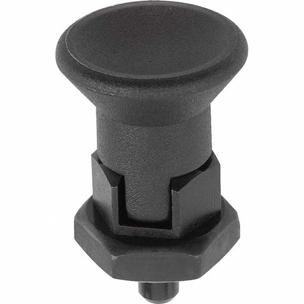 KIPP M10x1, 8mm Thread Length, 5mm Plunger Diam, Locking Pin Knob Handle Indexing Plunger - Plunger Style D, 15mm Body Length, 34.5mm OAL, Stainless