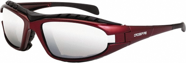 Safety Glasses: Scratch-Resistant, Polycarbonate, Silver Mirror Lenses, Full-Framed - Red Frame, Non-Adjustable Temples, Series Crossfire Diamondback, ANSI Z87.1+