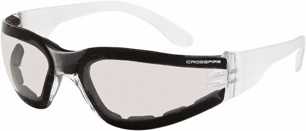Safety Glasses: Anti-Fog, Polycarbonate, Clear Mirror Lenses, Full-Framed - Black Frame, Non-Adjustable Temples, Series Crossfire Shield, ANSI Z87.1+