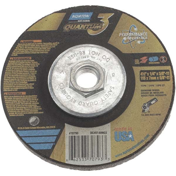 Depressed Center Wheel: Type 27, 4-1/2" Dia, 1/4" Thick, Ceramic