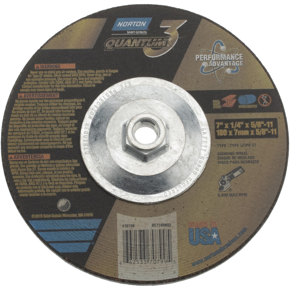 Depressed Center Wheel: Type 27, 7" Dia, 1/4" Thick, Ceramic