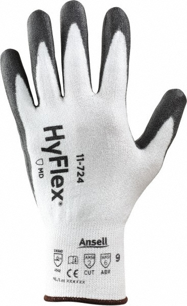 Cut, Puncture & Abrasion-Resistant Gloves: HyFlex® 11-724, Cut A2, Puncture 4, Abrasion 6, 13 ga, Size 2X-Large, 10" Long - HPPE & Spandex, Polyurethane-Coated, Palm Coating, Smooth Grip, Black on White Pair