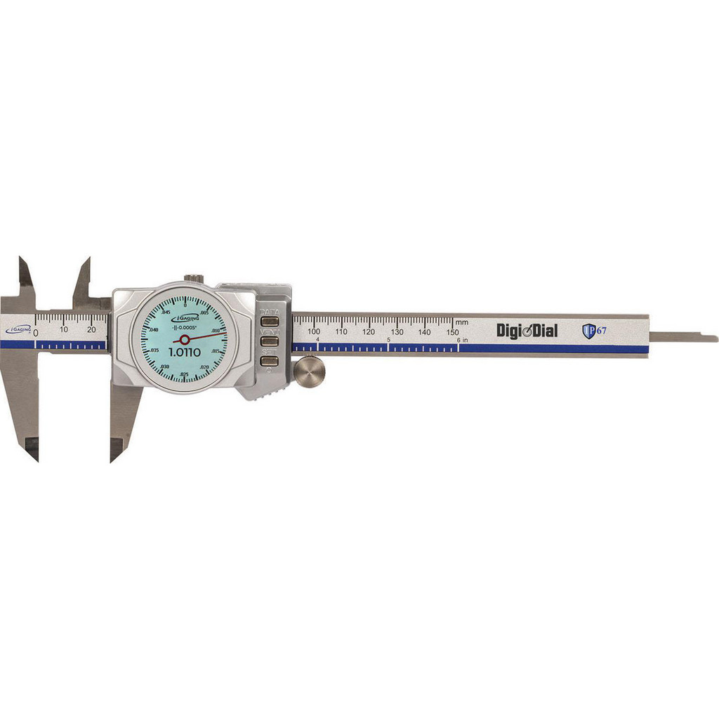 iGaging Electronic Caliper: 150.00 mm, 6", 0.0100 mm, 0.0005" Resolution, +/-0.02 mm, +/-0.001" Accuracy, Zinc Alloy - Zinc Alloy, Outside