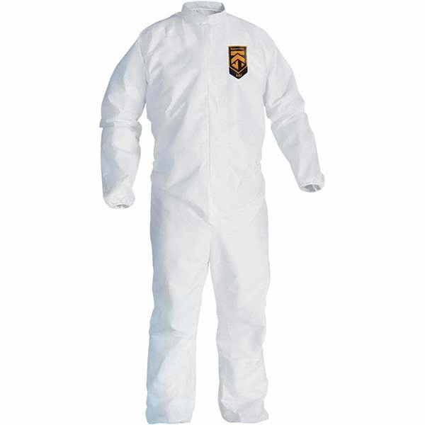 Disposable Coveralls: Liquid & Particle Protection, Size Large, Microporous Film A45 - Zipper Closure,  White,  Serged Seam, Elastic Cuff, Elastic Ankle, ISO Class Non-Cleanroom