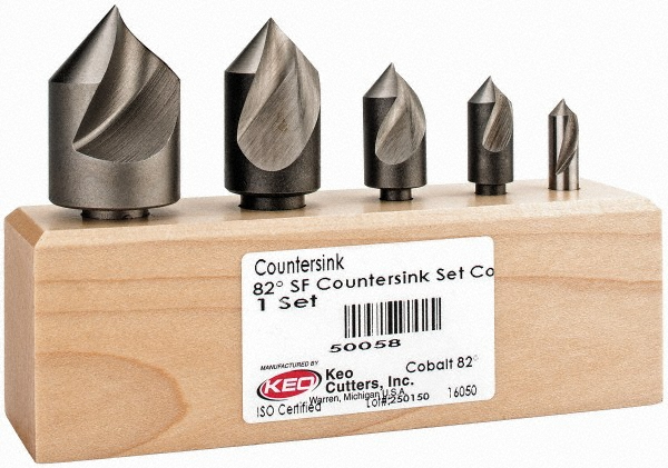 Countersink Set: 5 Pc, 1/4 to 1" Head Dia, 1 Flute - 0.2500 to 0.5000" Shank Dia, 1-1/2 to 2-3/4" OAL, TiAlN Finish, Cobalt Steel