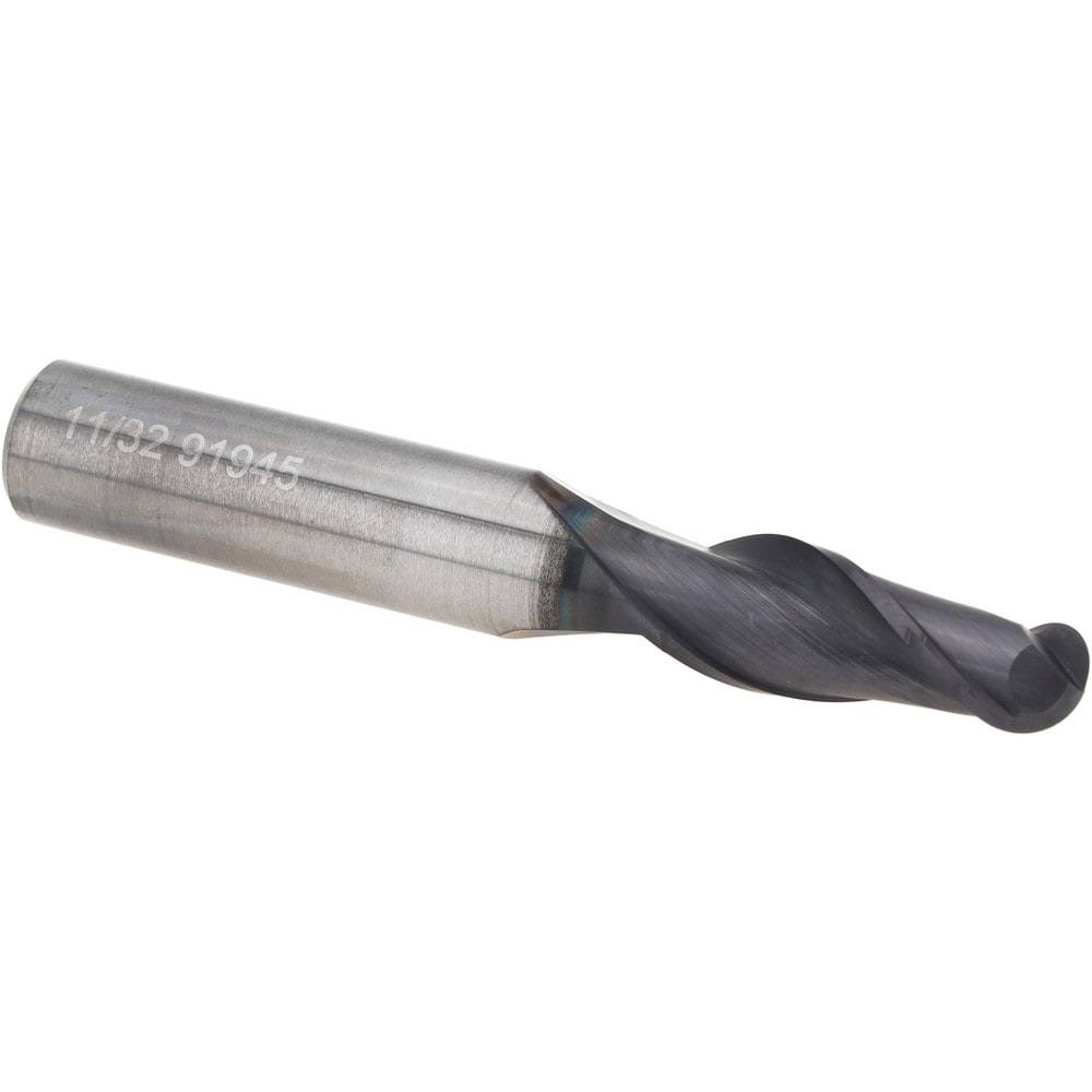 Ball End Mill: 11/32" Dia, 7/8" LOC, 2 Flute, Solid Carbide
