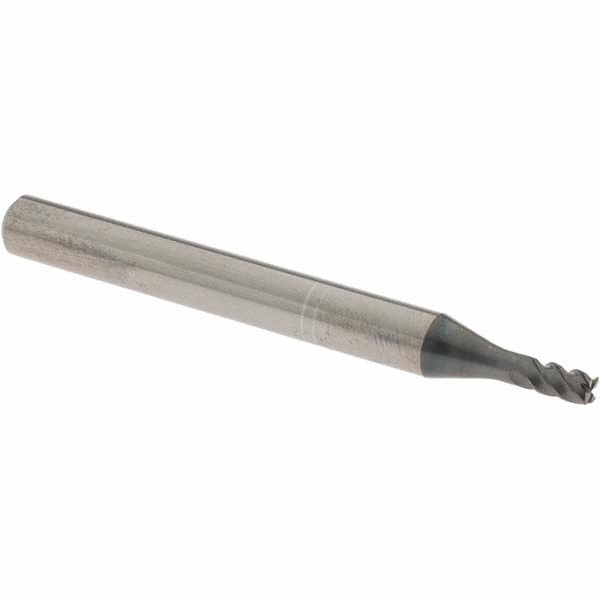 Corner Radius End Mill: 3.00 mm Dia, 5.00 mm LOC, 0.20 mm Radius, 4 Flute, Solid Carbide - 60.00 mm OAL, 6.00 mm Shank Dia, 45 deg Helix, WXS Finish, Single End, Series 4571, Centercutting