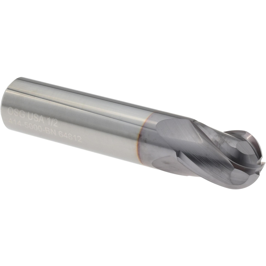 OSG Ball End Mill: 1/2" Dia, 5/8" LOC, 4 Flute, Solid Carbide - 2-1/2" OAL, 1/2" Shank Dia, 30 deg Helix, TiCN Finish, Single End, 414BN