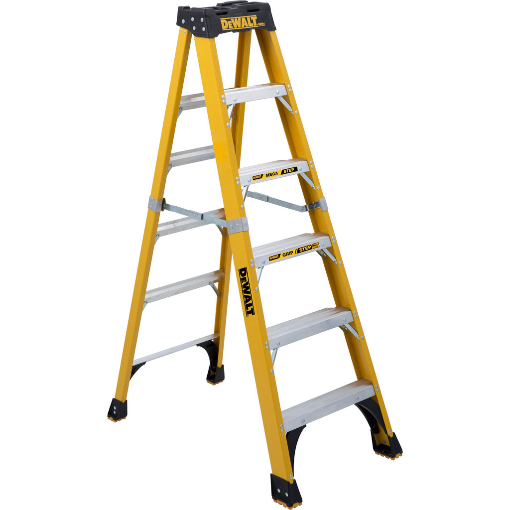 DeWALT 5 Step Fiberglass Foldable Step Ladder: Type IA 500 lb Capacity, 6' High - 24-5/16" Base Spread | Part #DXL3810-06