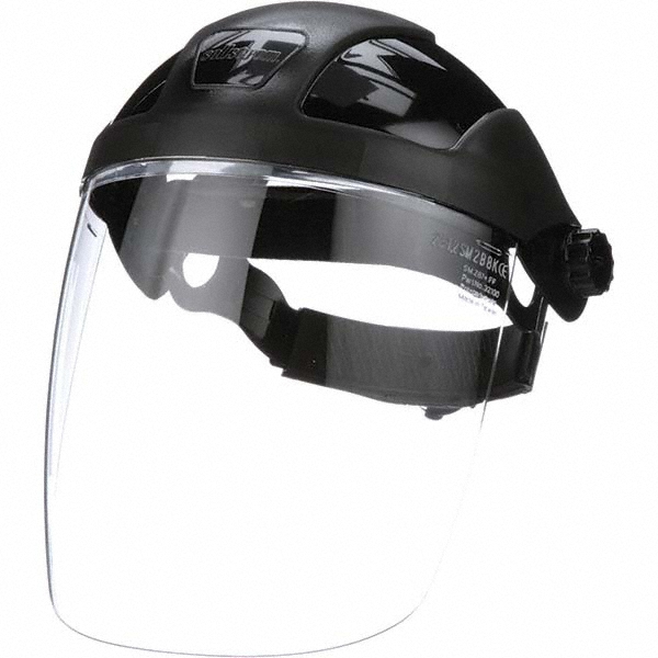 Face Shield & Headgear: - Polycarbonate, Black, 9" High, 12-1/8" Wide
