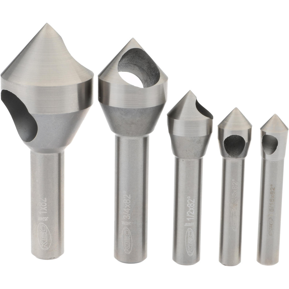 Countersink Set: 5 Pc, 5/16 to 1" Head Dia, 0 Flute, 82 deg Included Angle - 1-5/8 to 2-5/8" OAL, Bright/Uncoated Finish, Cobalt Steel