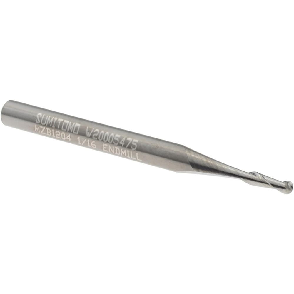 Ball End Mill: 1/16" Dia, 1/4" LOC, 2 Flute, Solid Carbide