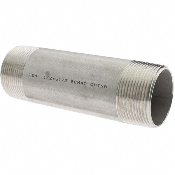 Stainless Steel Pipe Nipple: 1-1/2" Pipe, Grade 304 & 304L