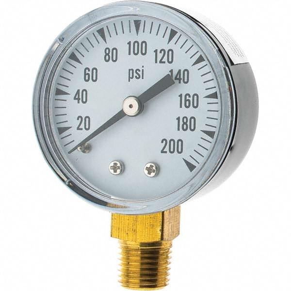 Pressure Gauge: 2" Dial, 1/4" Thread, NPT, Lower Mount