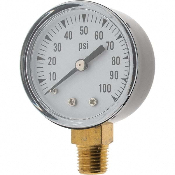 Pressure Gauge: 2" Dial, 1/4" Thread, NPT, Lower Mount