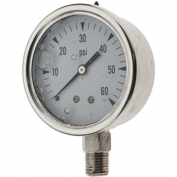 Pressure Gauge: 2-1/2" Dial, 1/4" Thread, NPT, Lower Mount