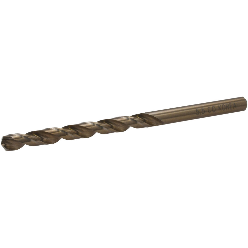 Jobber Length Drill Bit: 5.50 mm (0.2165) Dia, 135 deg, Cobalt - Straw Finish, 95.25 mm OAL, Right Hand Cut, Regular Spiral Flute, Straight Shank, Series 08