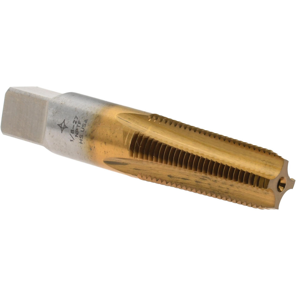 Cleveland Standard Pipe Tap: 1/8-27, NPT, 4 to 5 Chamfer, 4 Flute, High Speed Steel, Titanium Nitride Finish - 3/4" Thread Length, 2-1/8" OAL, Series