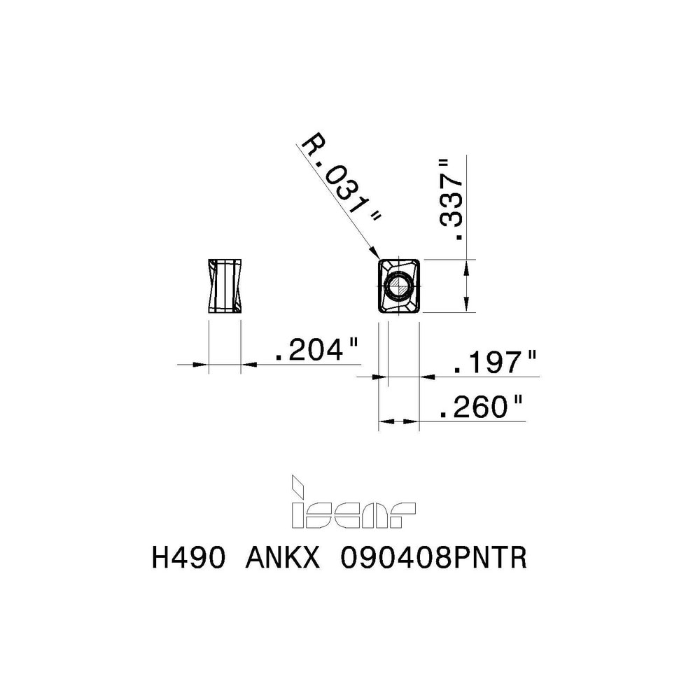 Iscar - Milling Insert: H490 ANKX 090408PNTR IC810, Solid Carbide