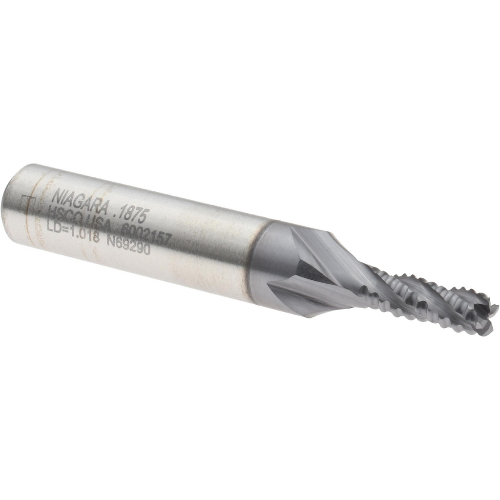 Niagara Cutter 17013488 Square End Mill: 3/16 Dia, 1/2 LOC, 3/8 Shank Dia, 2-3/8 OAL, 4 Flutes, Cobalt Image