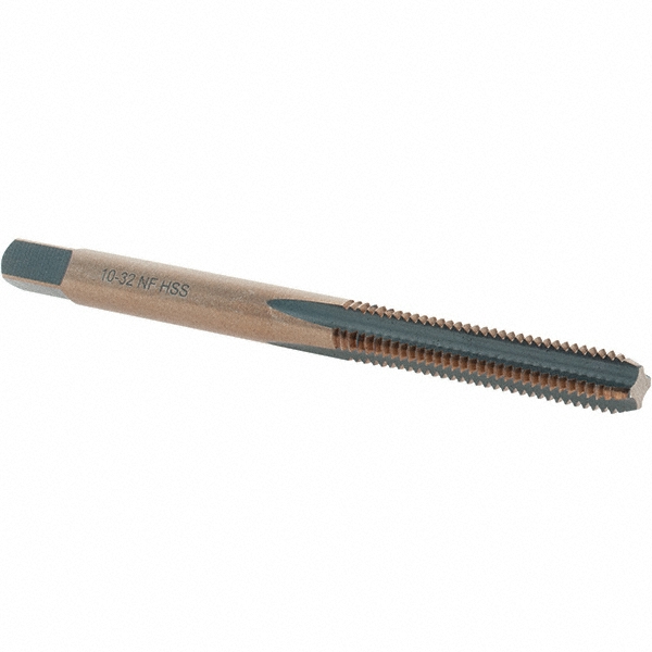 Straight Flute Tap: #10-32 UNF, 4 Flutes, Bottoming, High Speed Steel, Gold/Oxide Coated