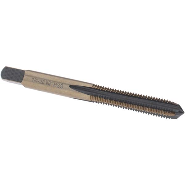 Straight Flute Tap: 1/4-28 UNF, 4 Flute, Plug Chamfer, High-Speed Steel, Gold & Oxide Finish