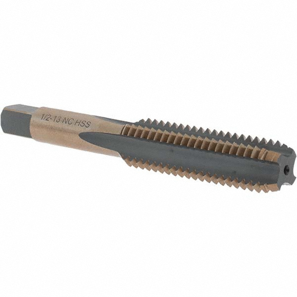 Straight Flute Tap: 1/2-13 UNC, 4 Flutes, Bottoming, High Speed Steel, Gold/Oxide Coated