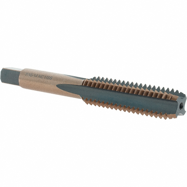 Straight Flute Tap: 7/16-14 UNC, 4 Flutes, Bottoming, High Speed Steel, Gold/Oxide Coated