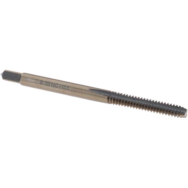 Straight Flute Tap: #6-32 UNC, 3 Flutes, Bottoming, High Speed Steel, Gold/Oxide Coated