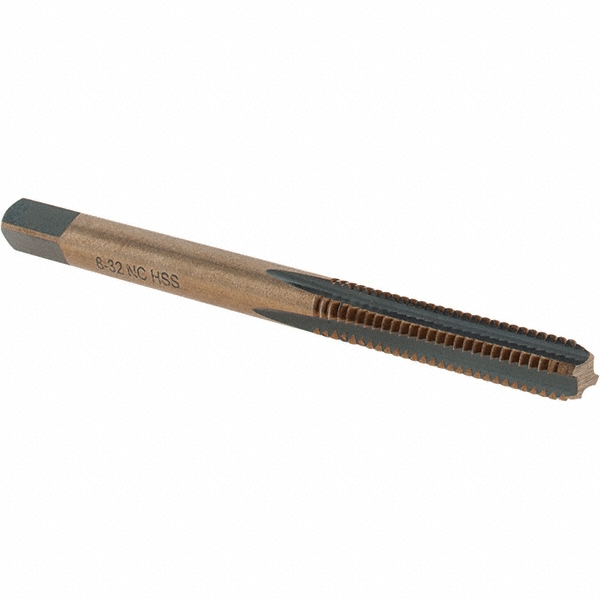 Straight Flute Tap: #8-32 UNC, 4 Flutes, Bottoming, High Speed Steel, Gold/Oxide Coated