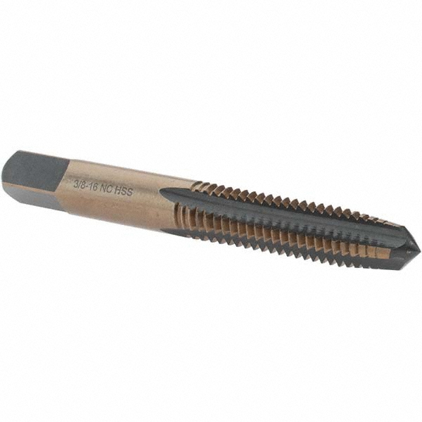 Straight Flute Tap: 3/8-16 UNC, 4 Flutes, Taper, High Speed Steel, Gold/Oxide Coated
