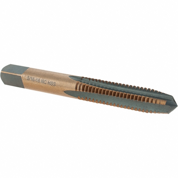 Straight Flute Tap: 5/16-18 UNC, 4 Flutes, Taper, High Speed Steel, Gold/Oxide Coated