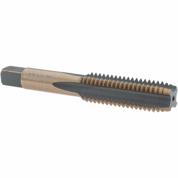 Straight Flute Tap: 9/16-12 UNC, 4 Flutes, Plug, High Speed Steel, Gold/Oxide Coated