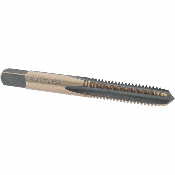 Straight Flute Tap: 5/16-18 UNC, 4 Flutes, Plug, High Speed Steel, Gold/Oxide Coated