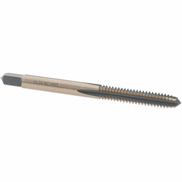 Straight Flute Tap: #10-24 UNC, 4 Flute, Plug Chamfer, HSS, Gold/Oxide Finish
