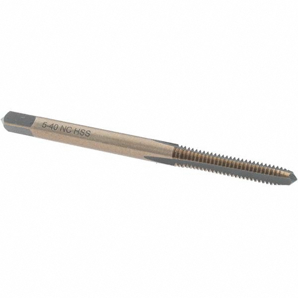 Straight Flute Tap: #5-40 UNC, 2 Flutes, Plug, High Speed Steel, Gold/Oxide Coated