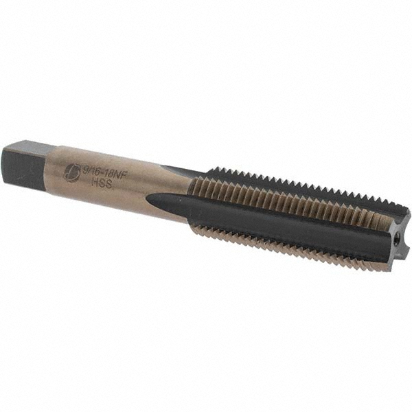 Straight Flute Tap: 9/16-18 UNF, 4 Flutes, Plug, High Speed Steel, Gold/Oxide Coated