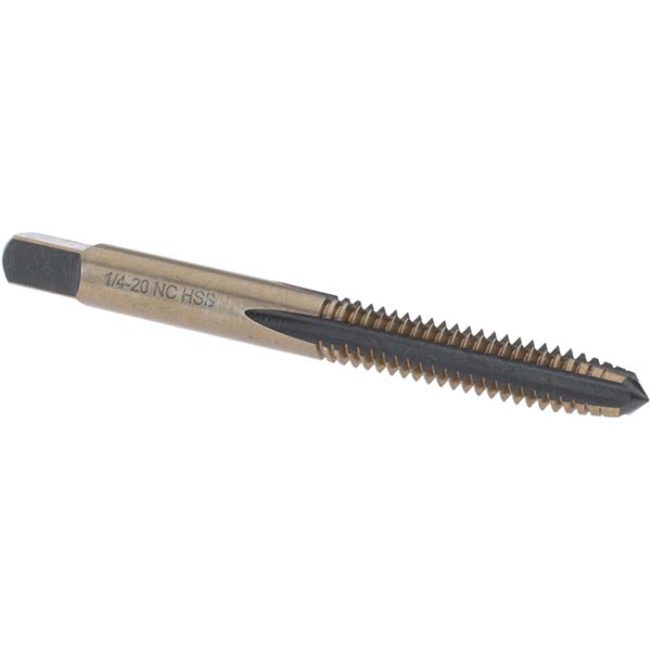 Straight Flute Tap: 1/4-20 UNC, 4 Flutes, Taper, High Speed Steel, Gold/Oxide Coated
