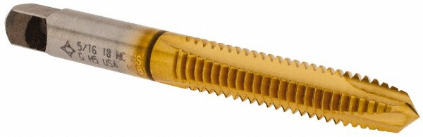 Spiral Point Tap: 5/16-18 UNC, 3 Flutes, Plug Chamfer, 2B/3B Class of Fit, HSS, TiN Coated - 11/16" Thread Length, 2-23/32" OAL, Right Hand, H5, Series 1011-TN
