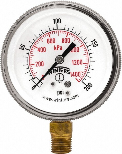 Pressure Gauge: 2-1/2" Dial, 1/4" Thread, NPT, Bottom Mount