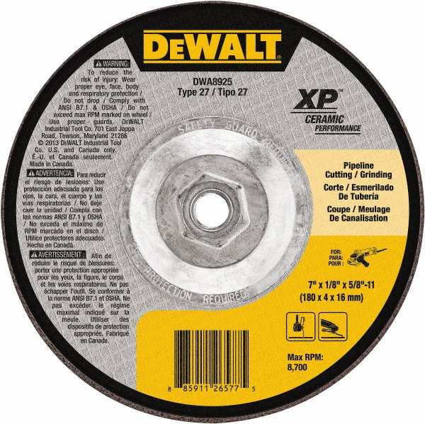 DeWALT Depressed-Center Wheel: Type 27, 7" Dia, 1/8" Thick, 5/8-11 Hole, Ceramic - 24 Grit, Resinoid Bond, 8700 Max RPM | Part #DWA8925