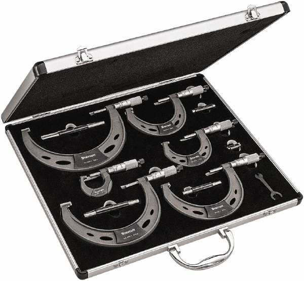 Mechanical Outside Micrometer Set: 6 Pc, 0 to 6" Measurement - Ratchet Thimble, Solid Carbide Measuring Face