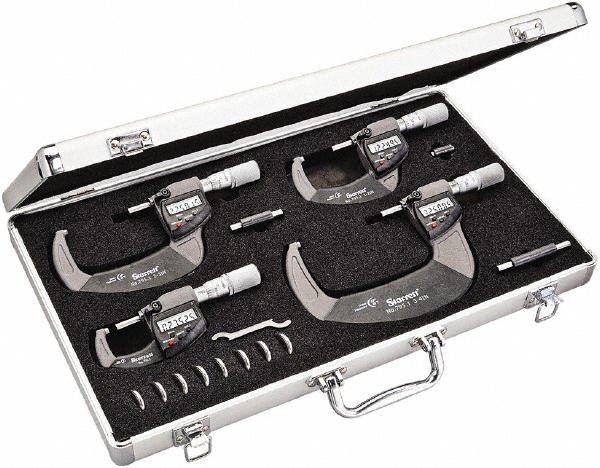 Starrett 4 Pc, 0 to 4", 0.000050" Graduation, Mechanical Outside Micrometer Set - 0.0001" Accuracy, Friction Thimble, Carbide Face, Rotating Spindle